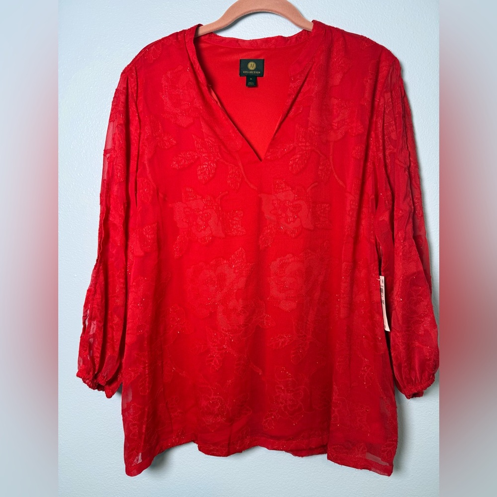 JM Collection Red Sheer with lining Floral V-Neck Tunic